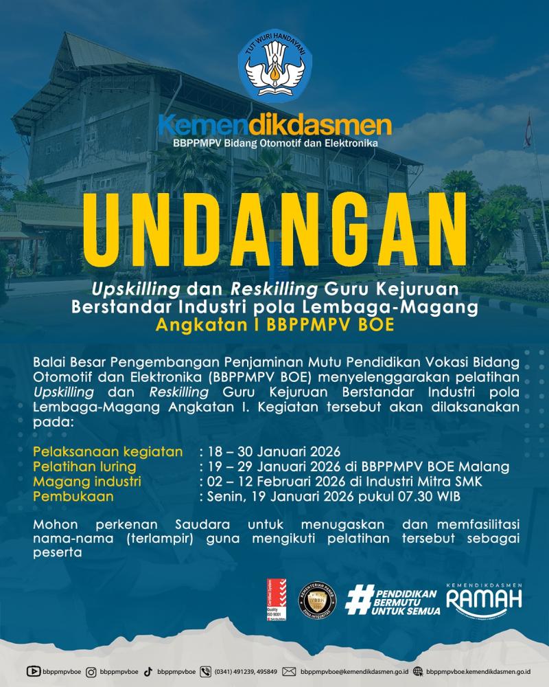 Undangan Upskilling dan Reskilling Guru Kejuruan Berstandar Industri pola Lembaga-Magang Angk. I 2026