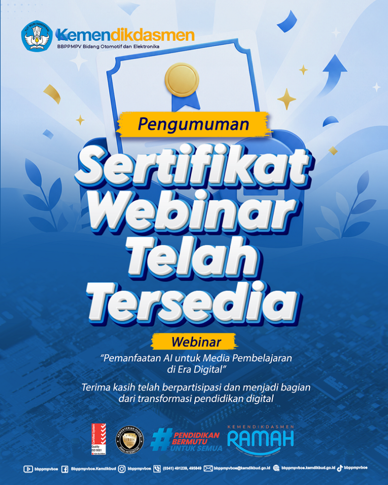 Sertifiakat Webinar Pemanfaatan AI untuk Media Pembelajaran di Era Digital telah Terbit
