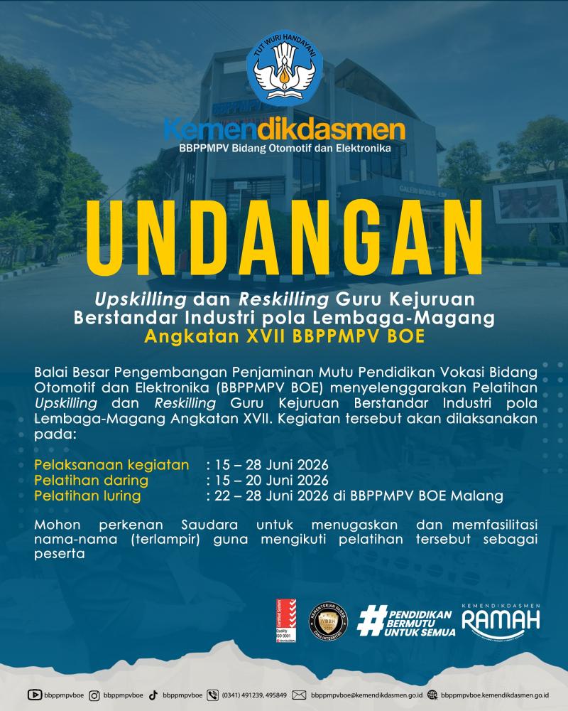 Undangan Upskilling dan Reskilling Guru Kejuruan Berstandar Industri pola Lembaga-Magang Angk. XVII 2026