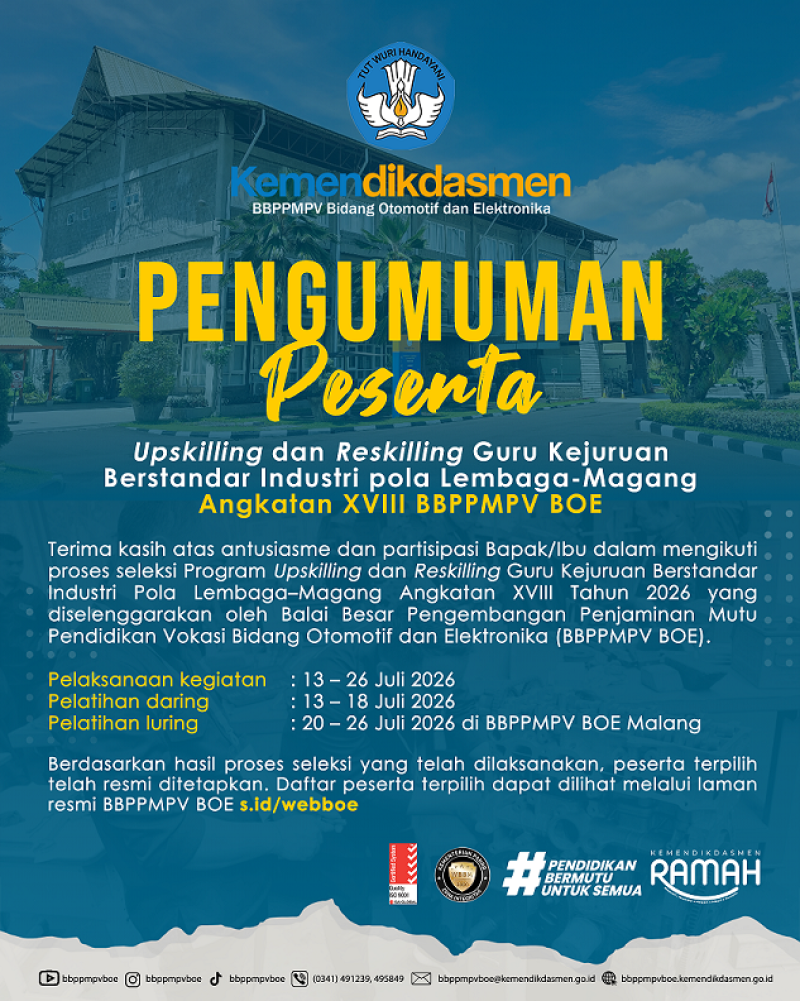 Pengumuman Peserta Pelatihan Upskilling dan Reskilling Guru Kejuruan Berstandar Industri pola Lembaga-Magang Angkatan XVIII