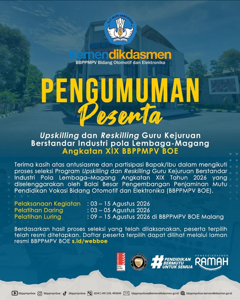 Pengumuman Peserta Pelatihan Upskilling dan Reskilling Guru Kejuruan Berstandar Industri pola Lembaga-Magang Angkatan XIX