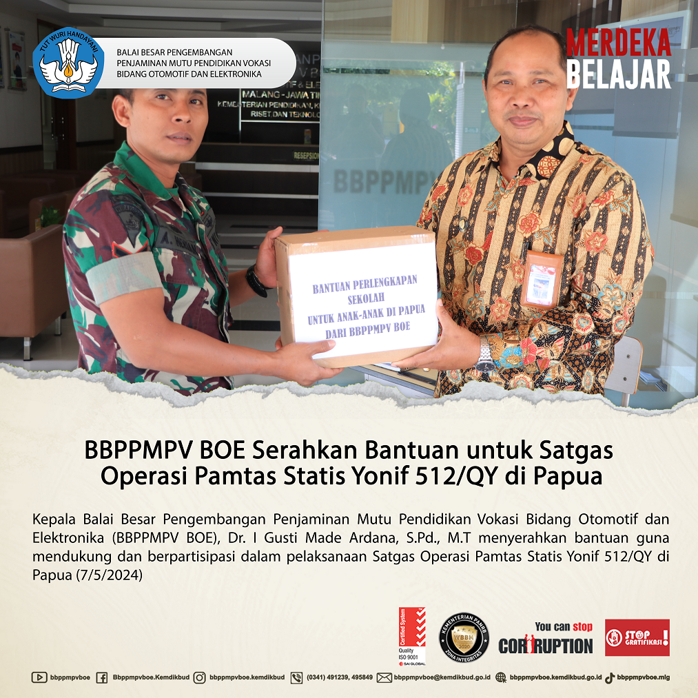 Kepala BBPPMPV BOE Serahkan Bantuan untuk Satgas Operasi Pamtas Statis Yonif 512/QY di Papua